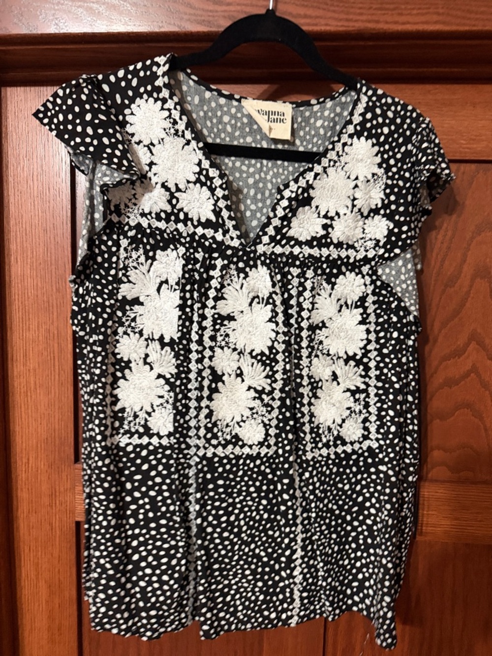 Savanna Jane Black & White Polka Dot Embroidered Top